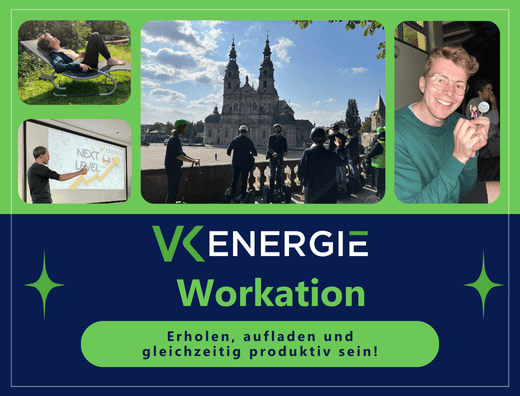 Eine Collage, die eine Workation der Firma VK Energie bewirbt. Zu sehen sind Menschen, die arbeiten, entspannen und an einem Präsentationsbildschirm stehen. Im Zentrum der Collage ist eine Reisegruppe vor einer historischen Kathedrale abgebildet. Unten steht: „Erholen, aufladen und gleichzeitig produktiv sein!“.